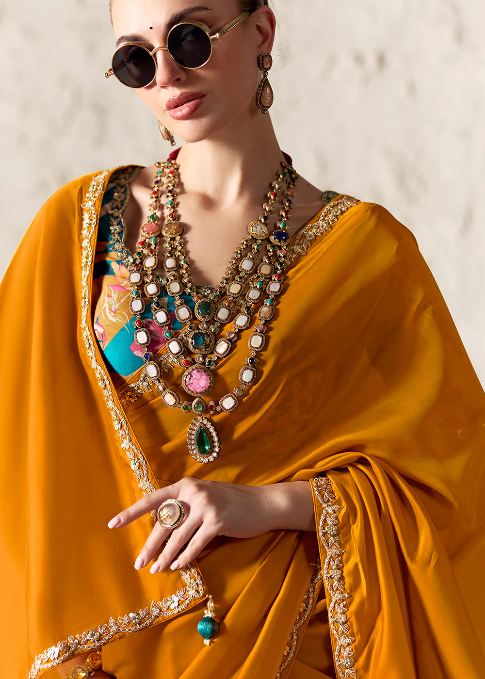 Turmeric Glass Tissue Organza Designer Wear Saree - Image 2
