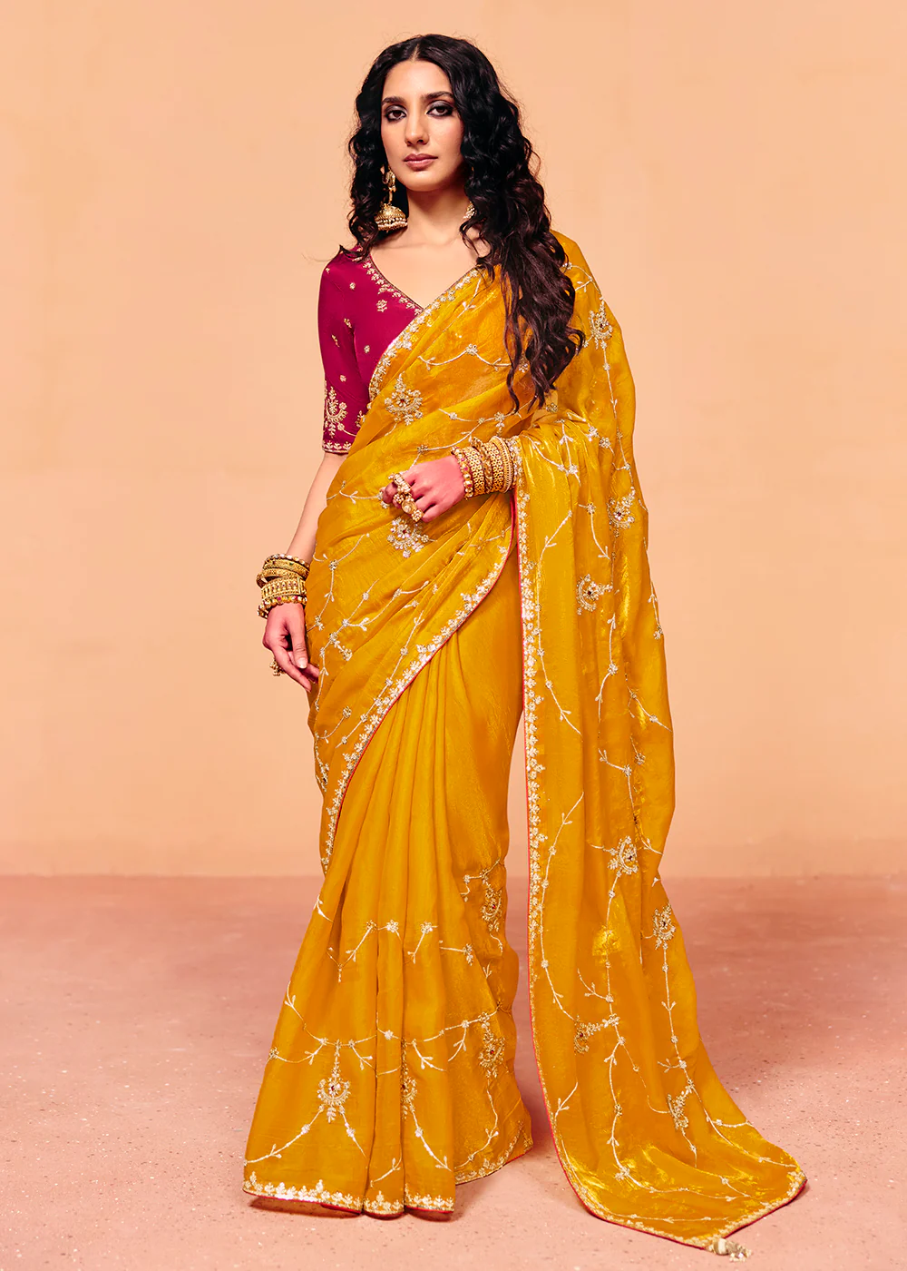 Turmeric Yellow Designer Style Embroidered Saree