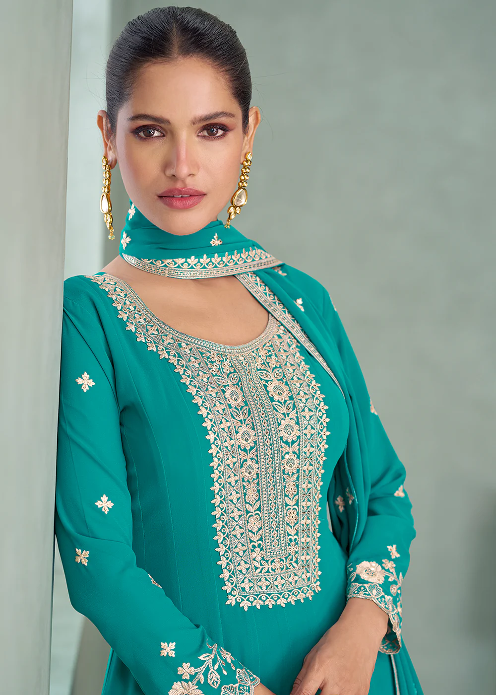Turquoise Real Georgette Embroidered Festive Anarkali Suit - Image 2