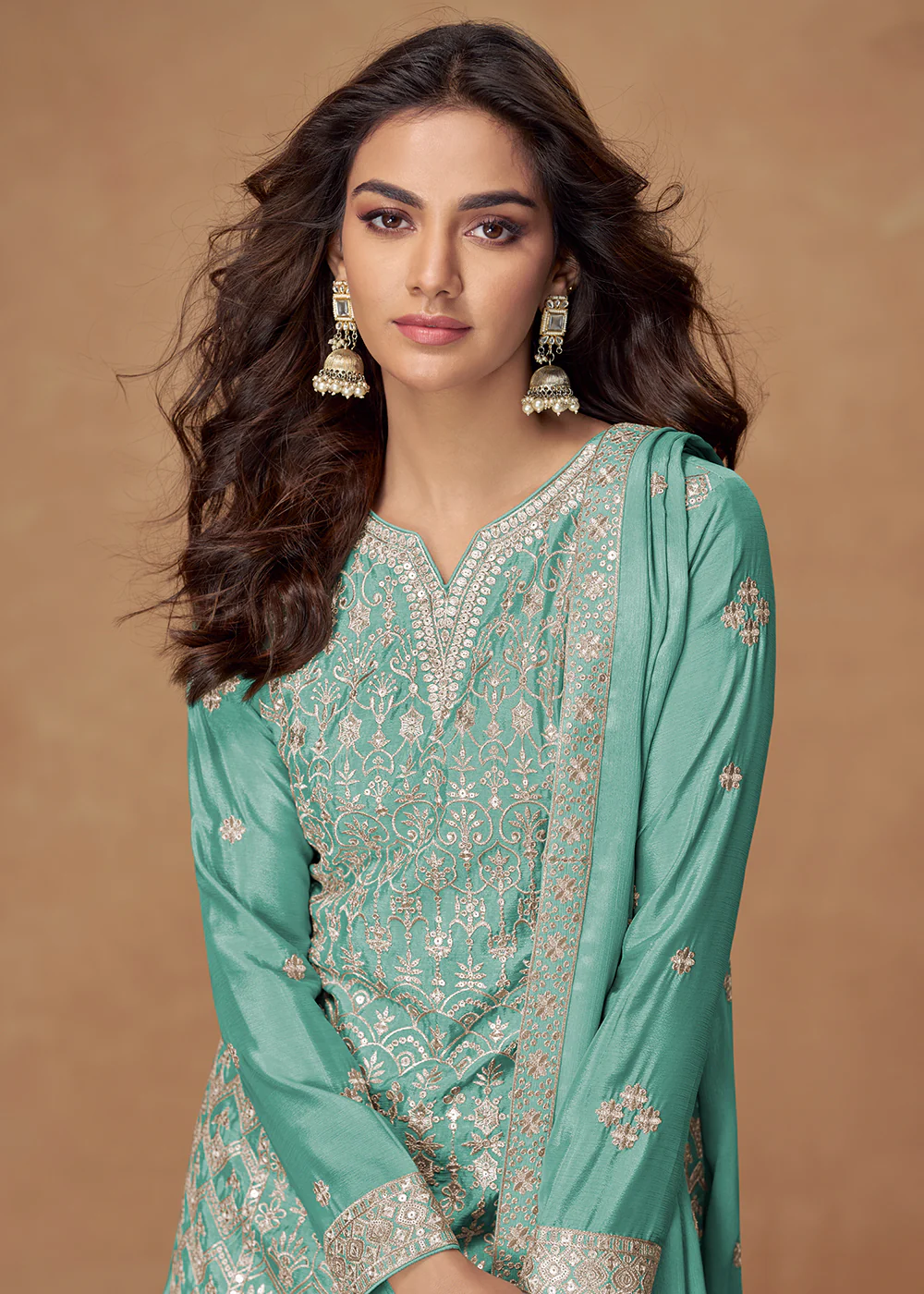 Turquoise Zari Embroidered Wedding Wear Palazzo Suit - Image 2