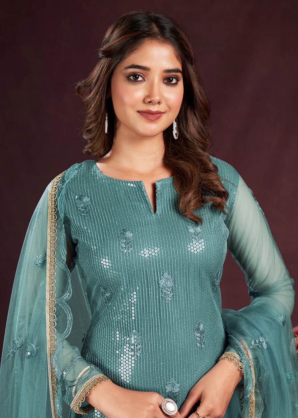 Turquoise Blue Butterfly Net Embroidered Festive Salwar Suit - Image 2