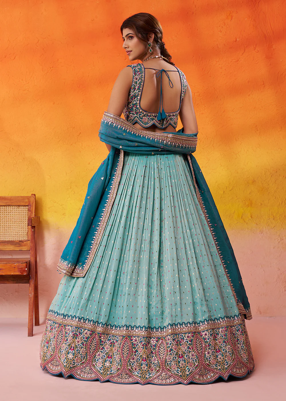 Turquoise Blue Jacquard Tissue Wedding Lehenga Choli - Image 3