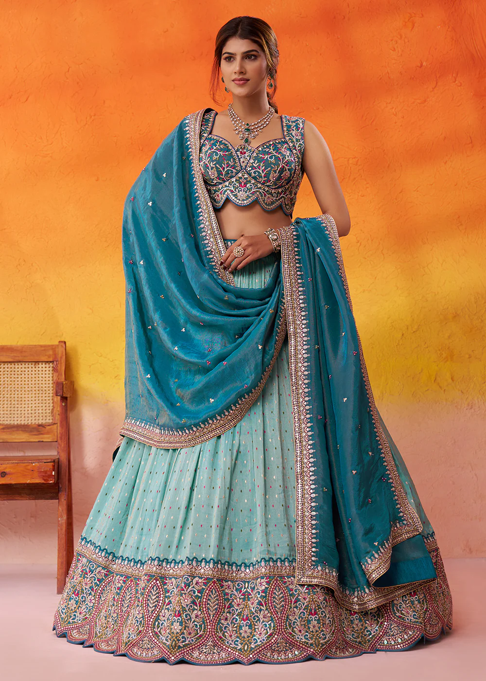 Turquoise Blue Jacquard Tissue Wedding Lehenga Choli - Image 4