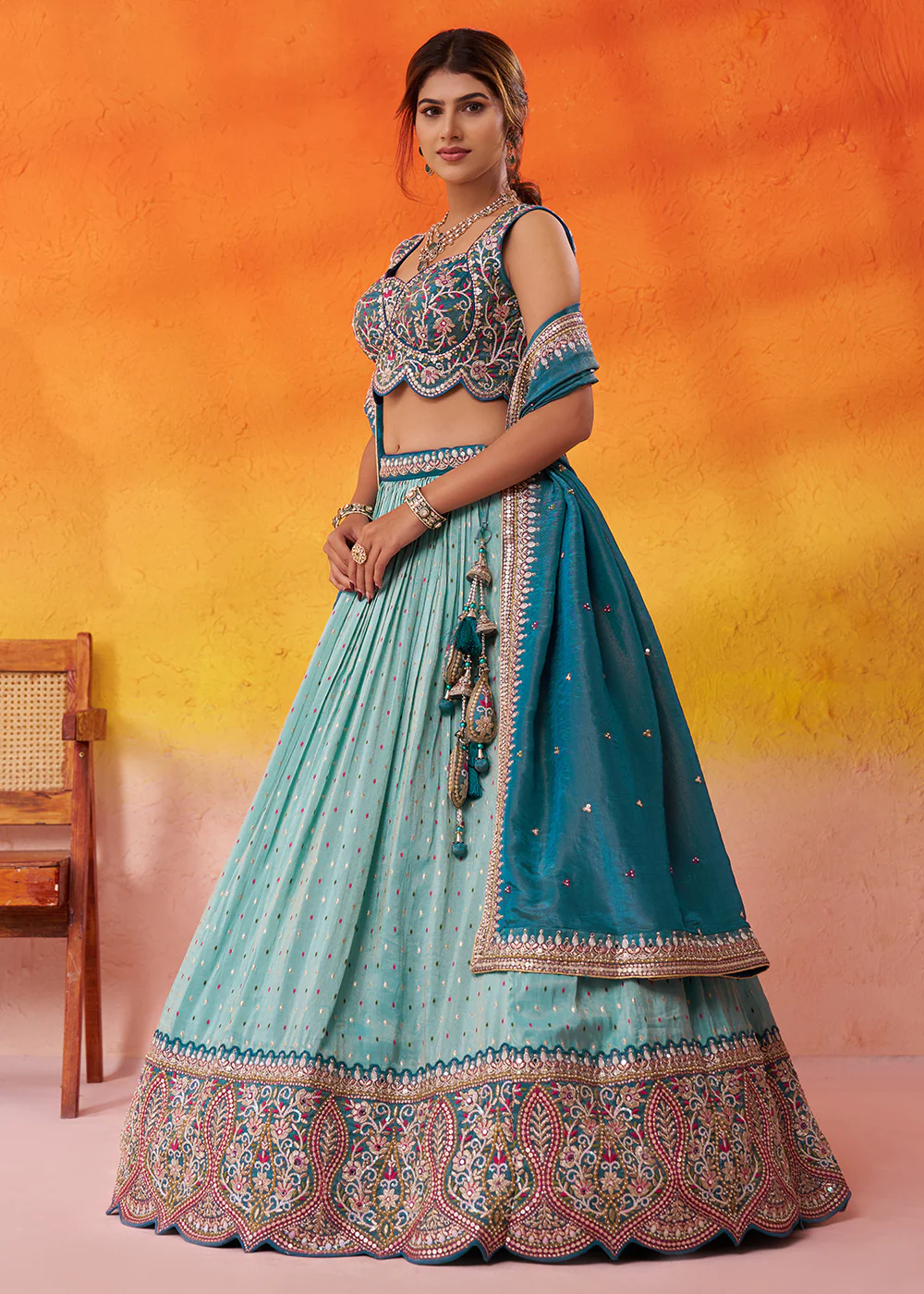 Turquoise Blue Jacquard Tissue Wedding Lehenga Choli - Image 5