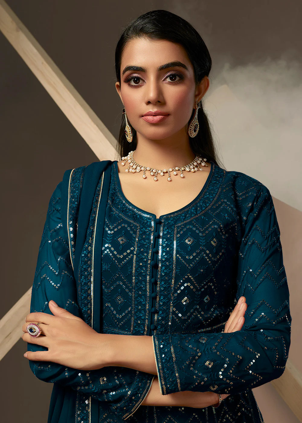 Turquoise Blue Lucknowi Style Embroidered Georgette Gown - Image 2