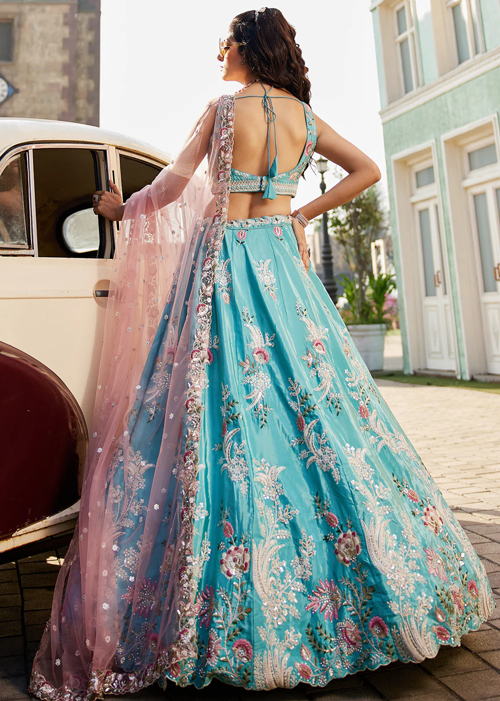 Turquoise Blue Satin Silk Embroidered Designer Lehenga Choli - Image 3