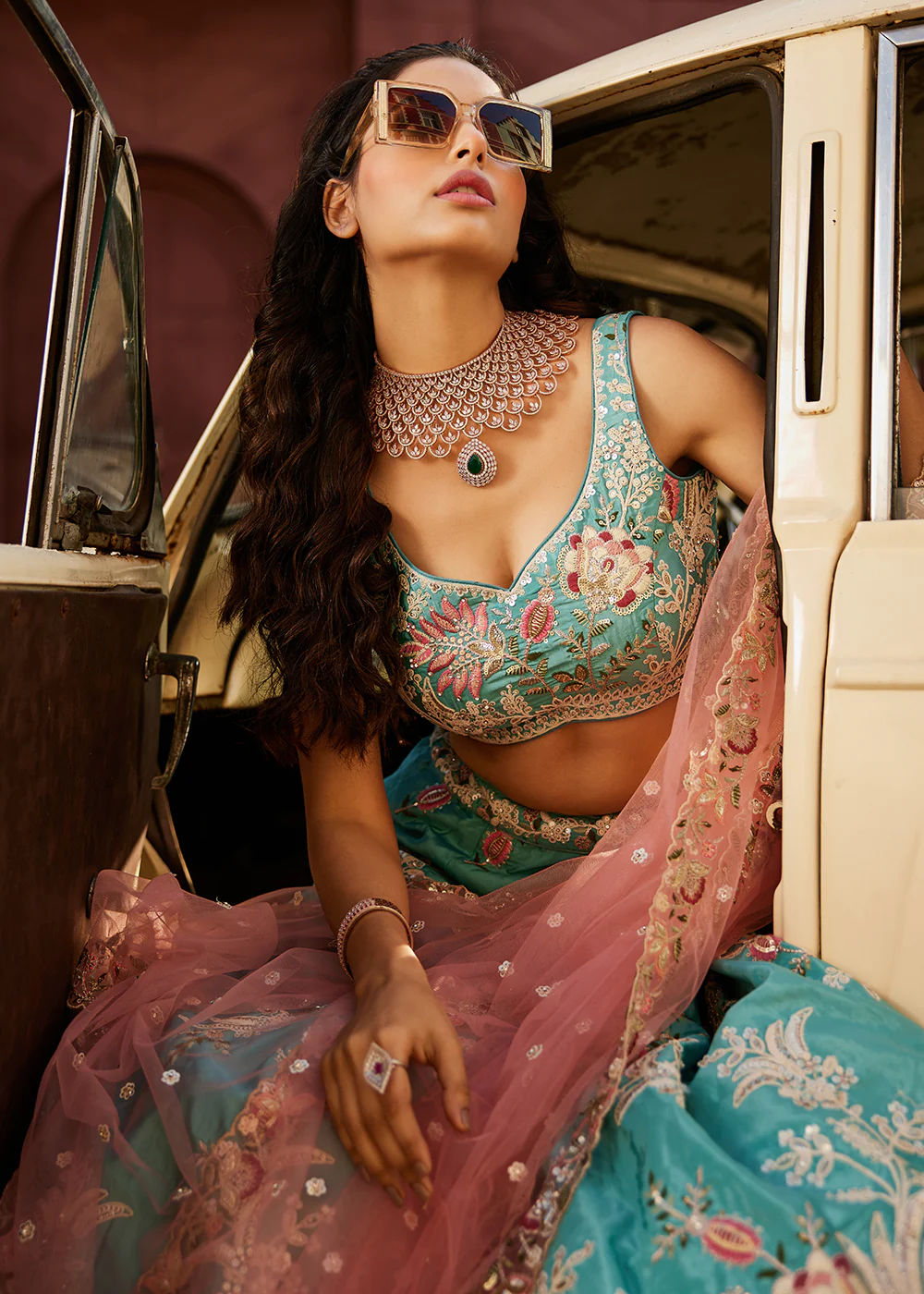 Turquoise Blue Satin Silk Embroidered Designer Lehenga Choli - Image 5