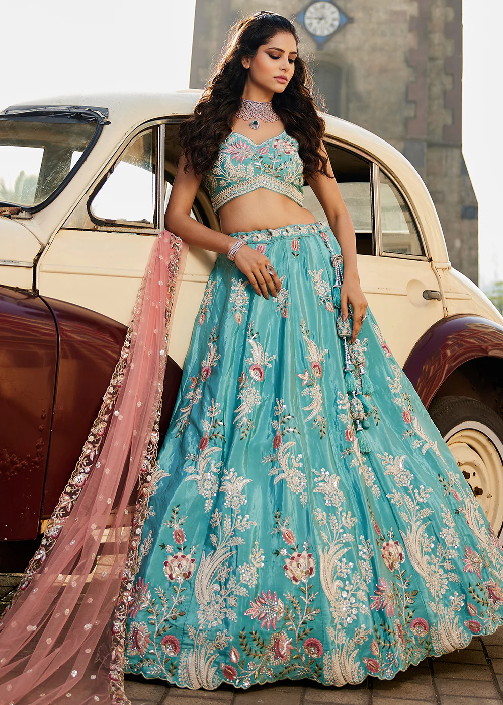 Turquoise Blue Satin Silk Embroidered Designer Lehenga Choli - Image 6