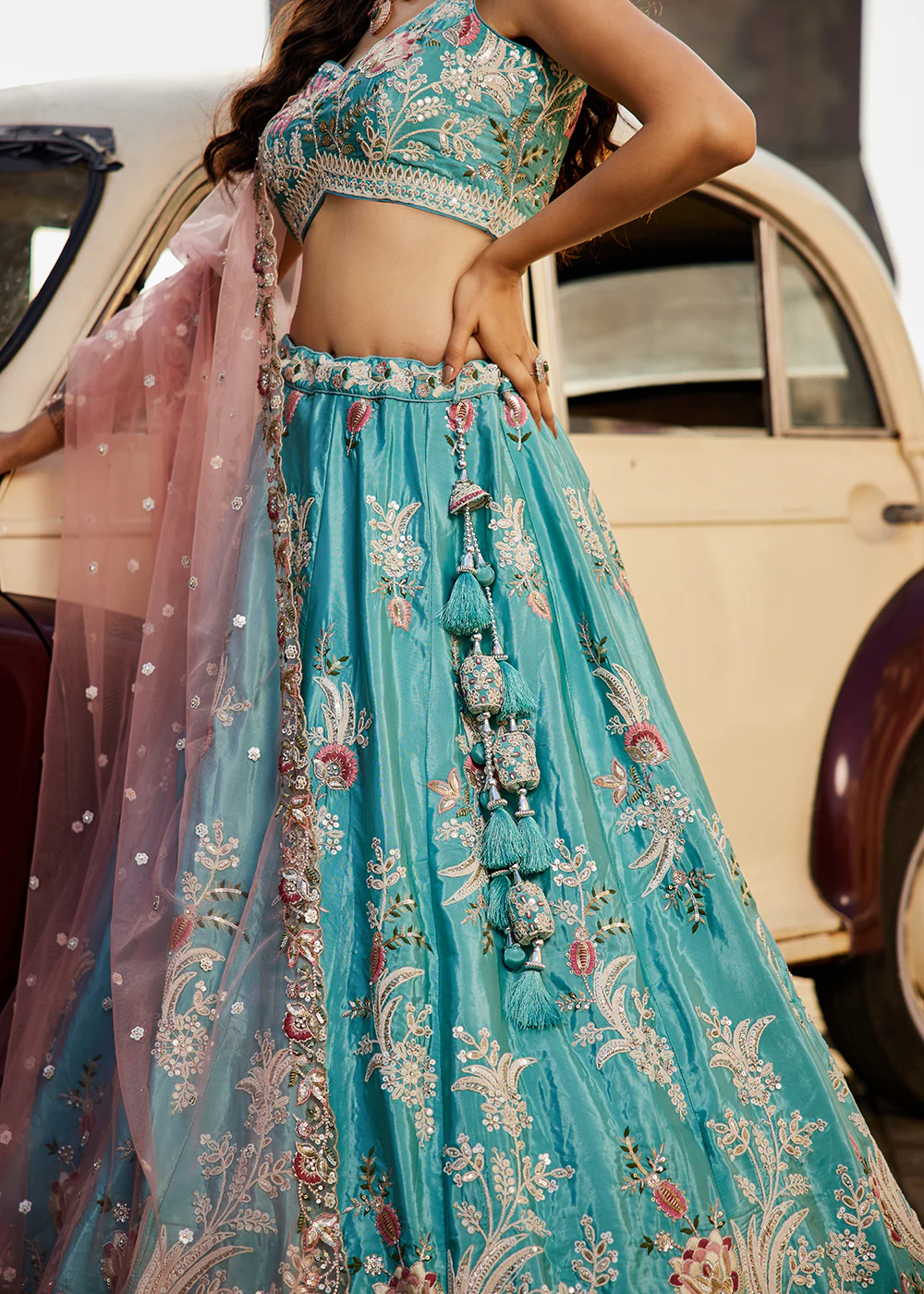 Turquoise Blue Satin Silk Embroidered Designer Lehenga Choli - Image 8