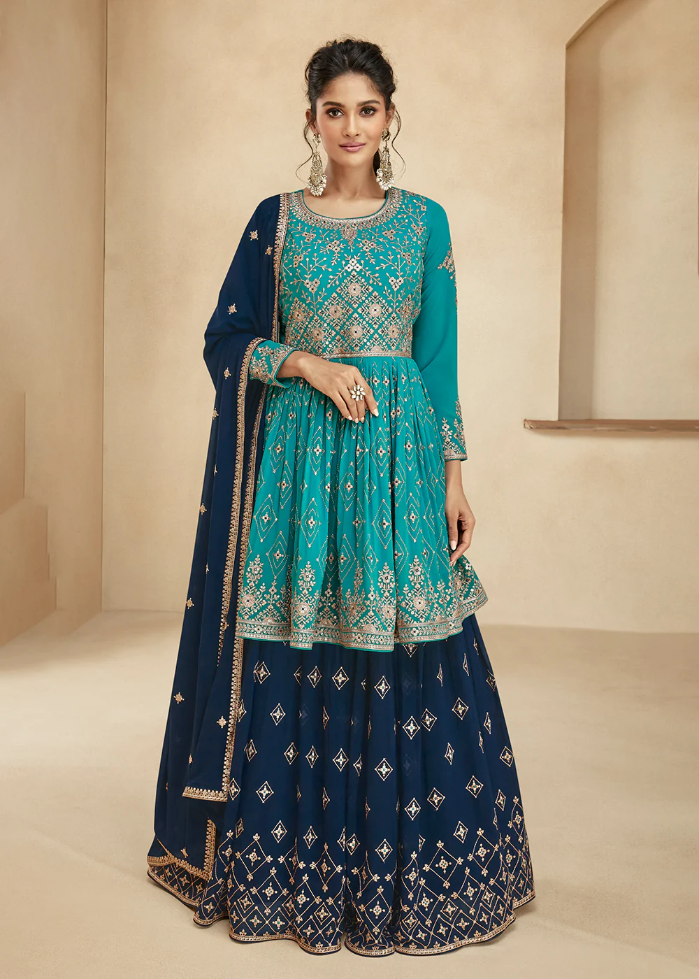 Turquoise & Blue Sharara Top Style Lehenga Anarkali - Image 3