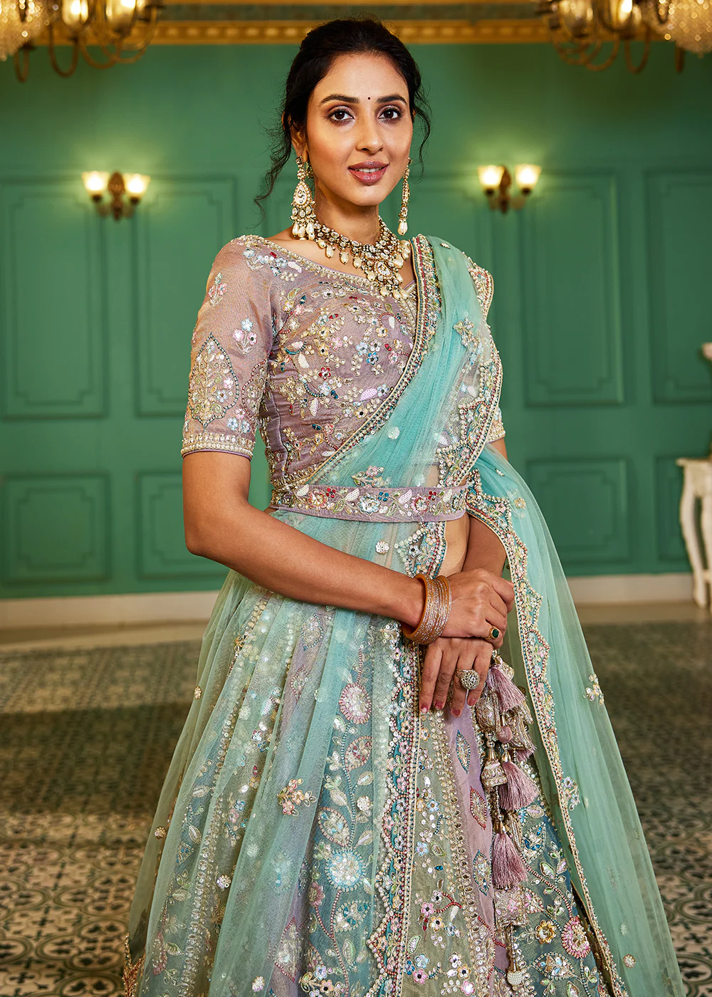 Turquoise Bridal Net Embroidered Reception Lehenga Choli - Image 2