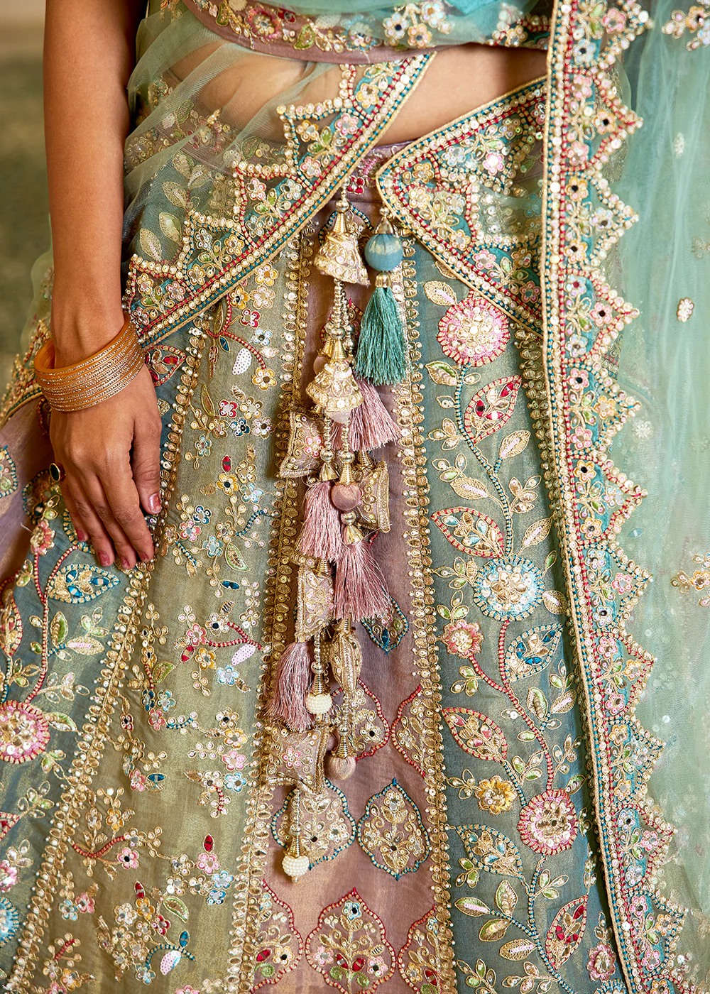 Turquoise Bridal Net Embroidered Reception Lehenga Choli - Image 7