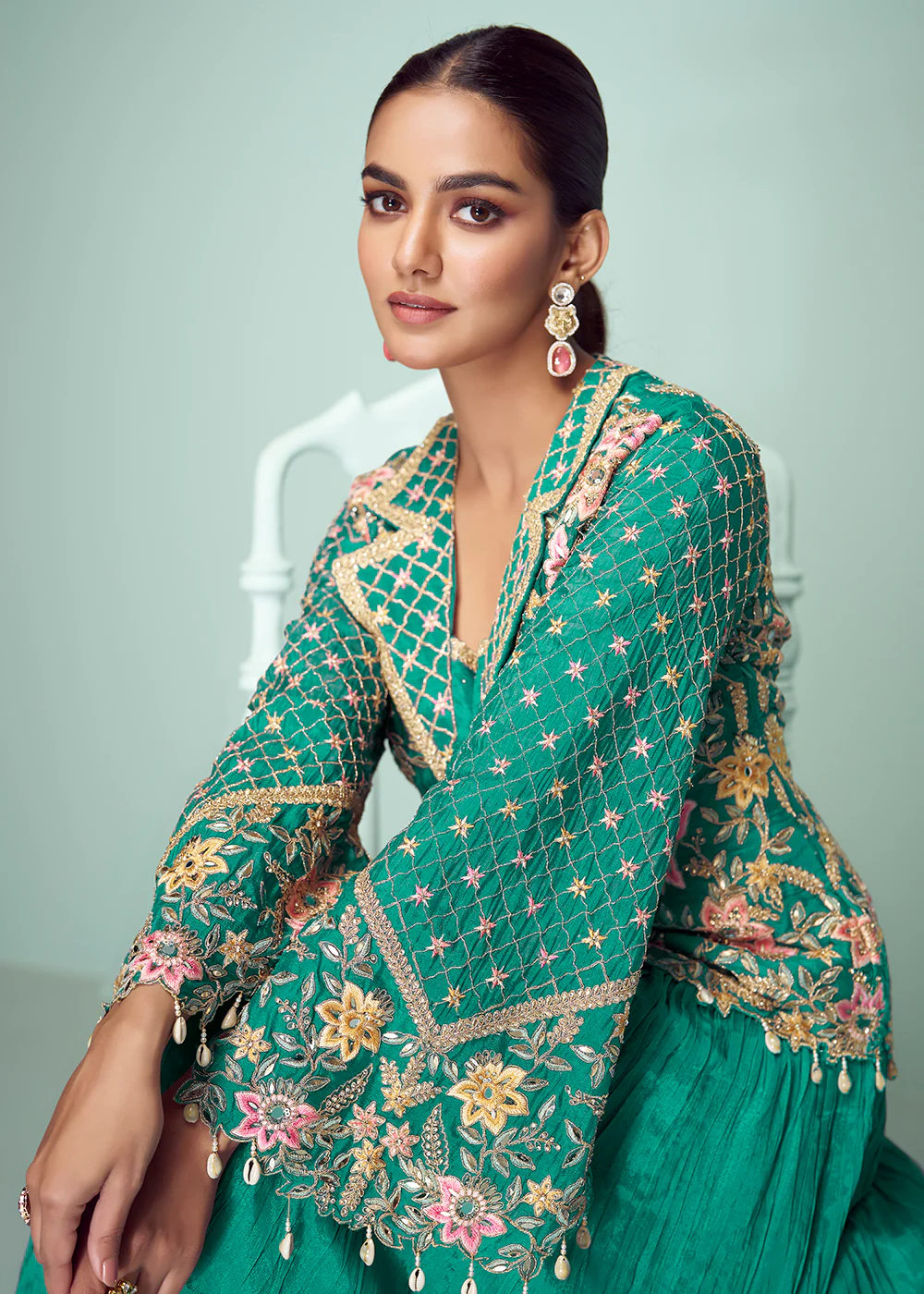 Turquoise Chinnon Embroidered Lehenga Skirt Style Suit - Image 2