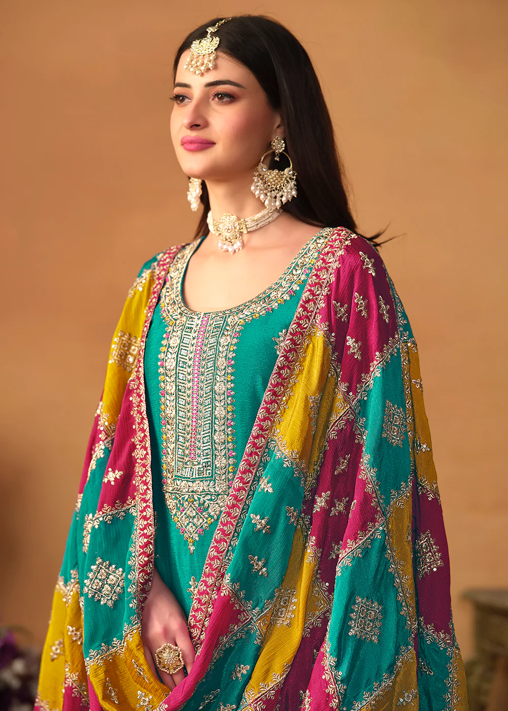Turquoise Chinnon Silk Salwar Suit with Multicolor Dupatta - Image 2