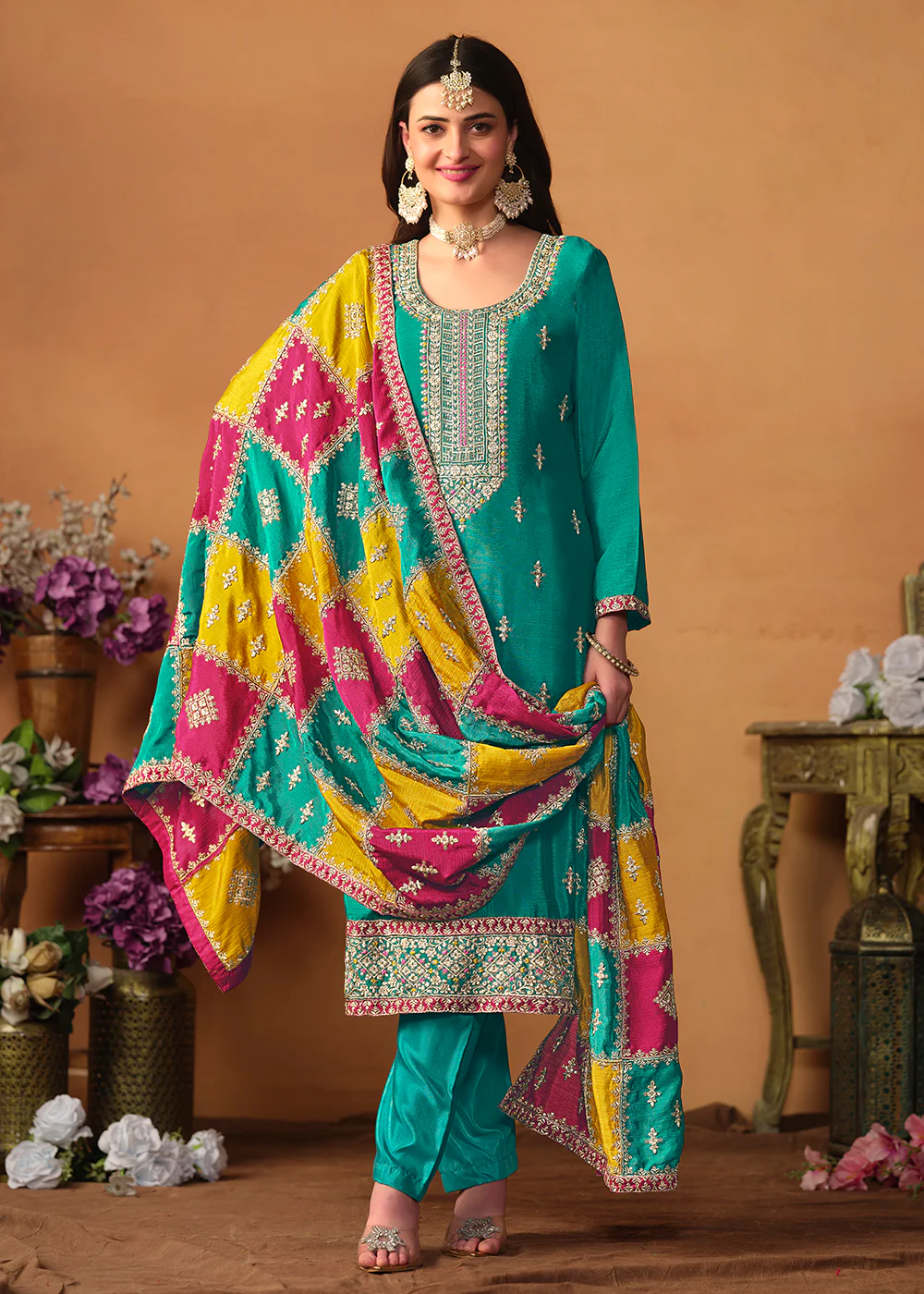 Turquoise Chinnon Silk Salwar Suit with Multicolor Dupatta - Image 3