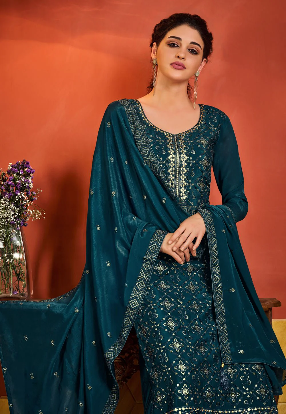 Turquoise Chinnon Sequins Embroidered Palazzo Suit - Image 3