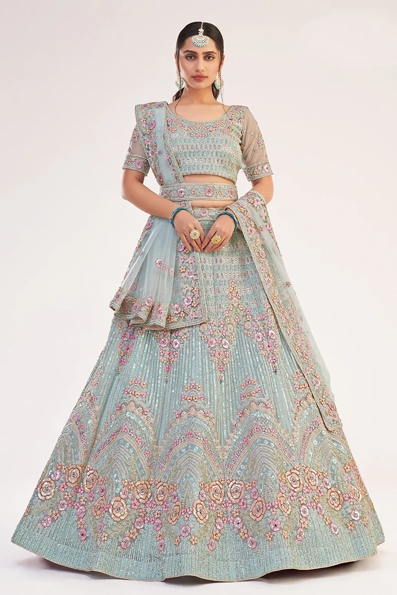Turquoise Designer Bridal Heavy Embroidered Lehenga Choli