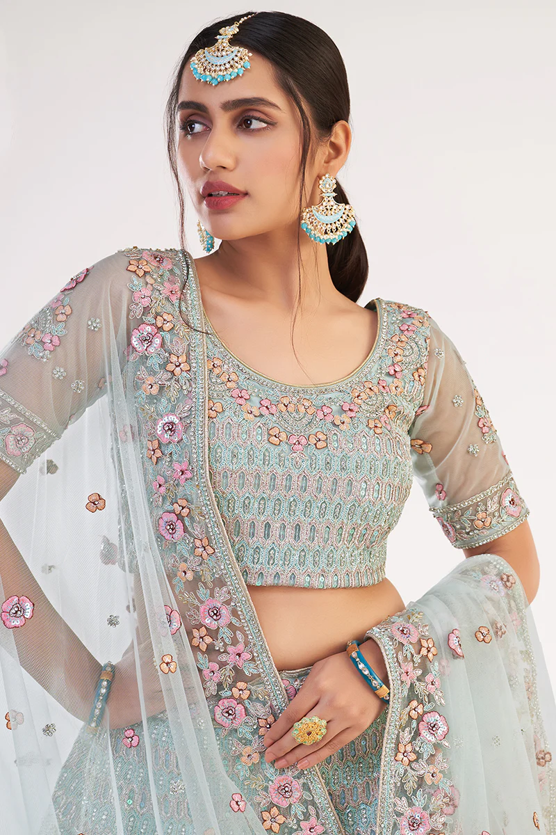 Turquoise Designer Bridal Heavy Embroidered Lehenga Choli - Image 2