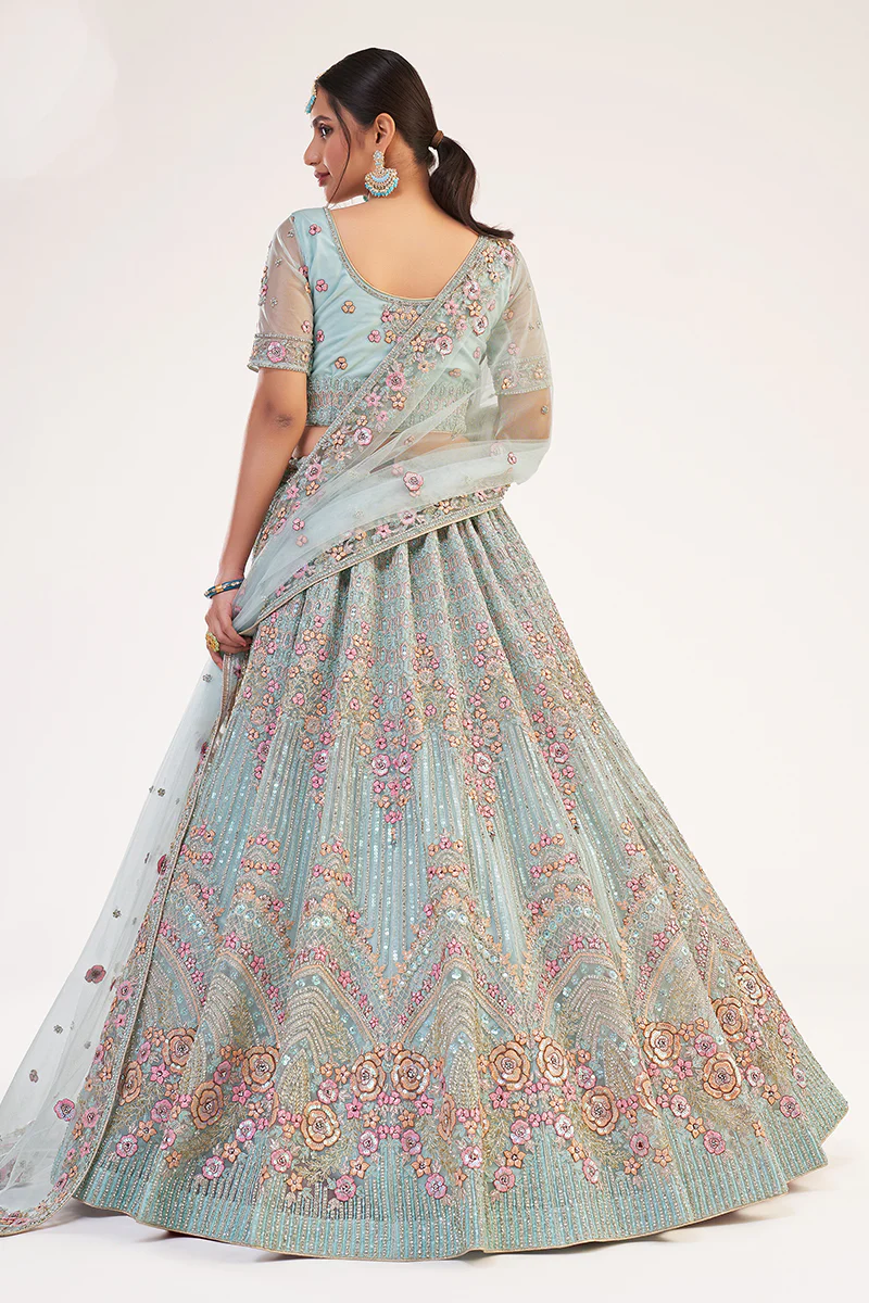 Turquoise Designer Bridal Heavy Embroidered Lehenga Choli - Image 3