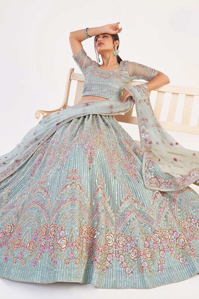 Turquoise Designer Bridal Heavy Embroidered Lehenga Choli - Image 4