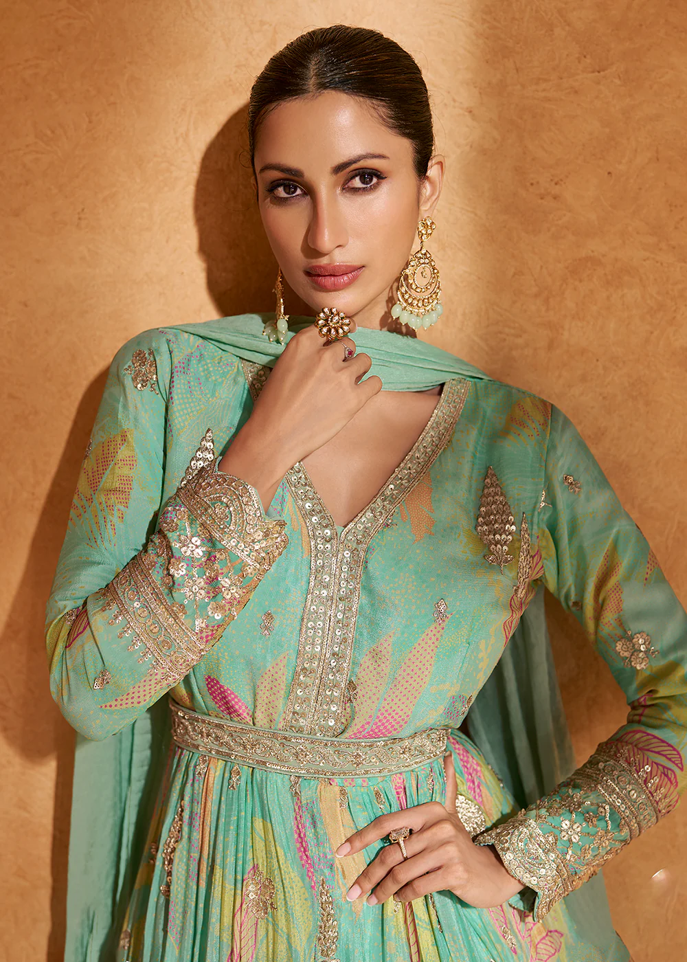 Turquoise Digital Printed Embroidered Chinnon Silk Anarkali Gown - Image 2