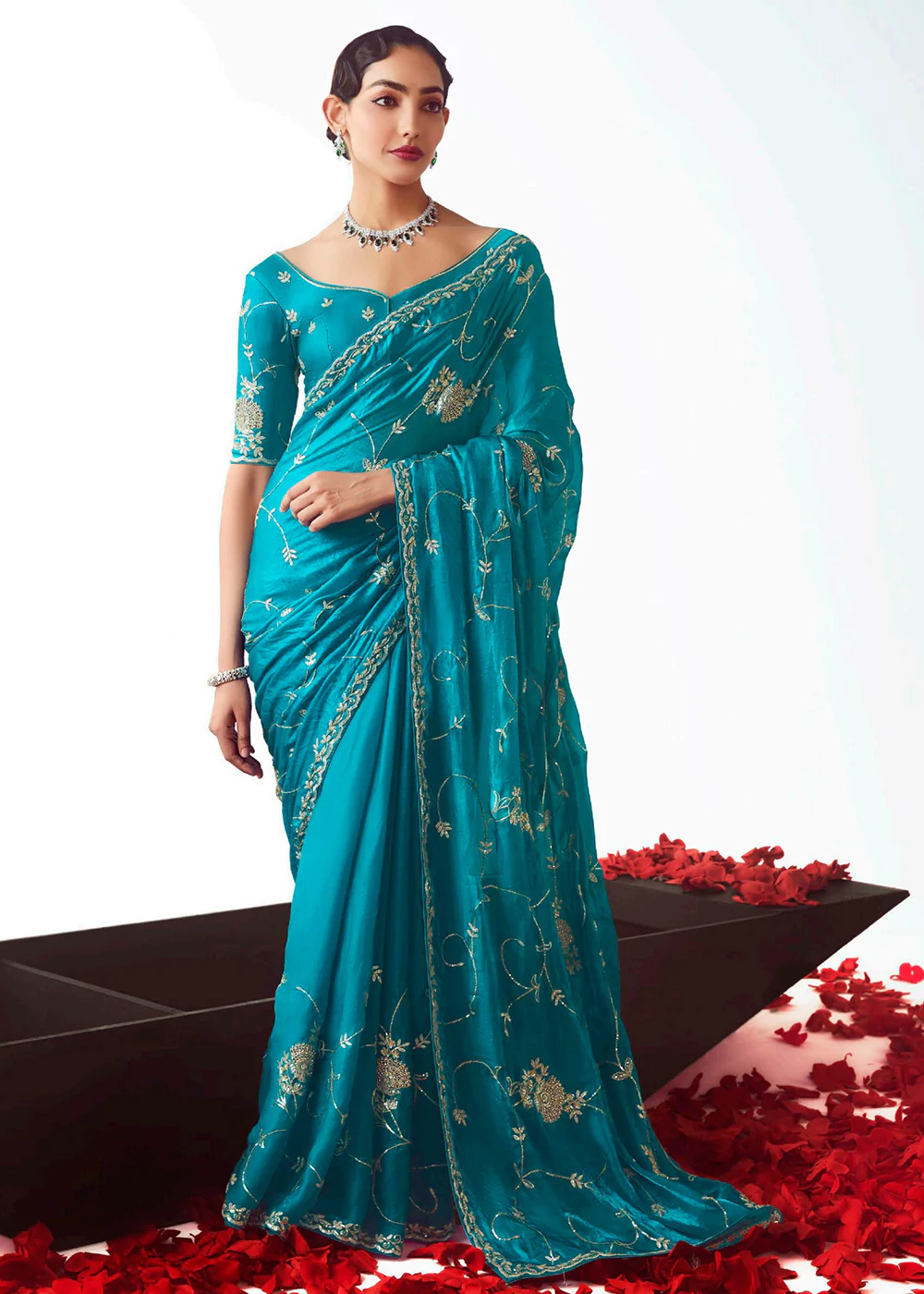 Turquoise Fancy Fabric Embroidered Designer Saree