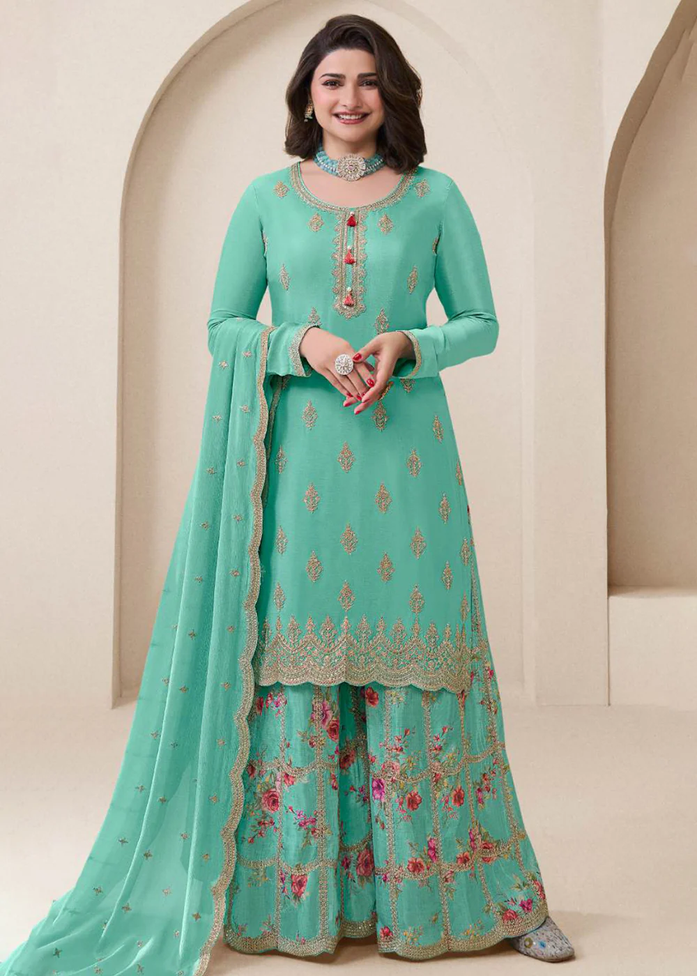 Turquoise Festive Style Embroidered Chinnon Palazzo Suit