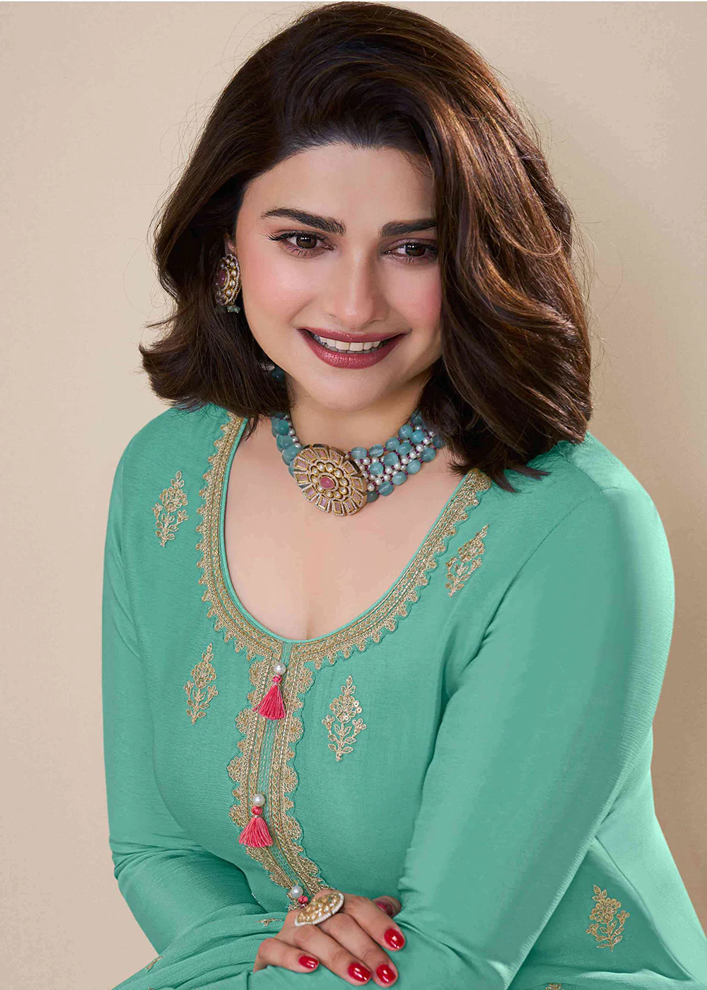 Turquoise Festive Style Embroidered Chinnon Palazzo Suit - Image 2