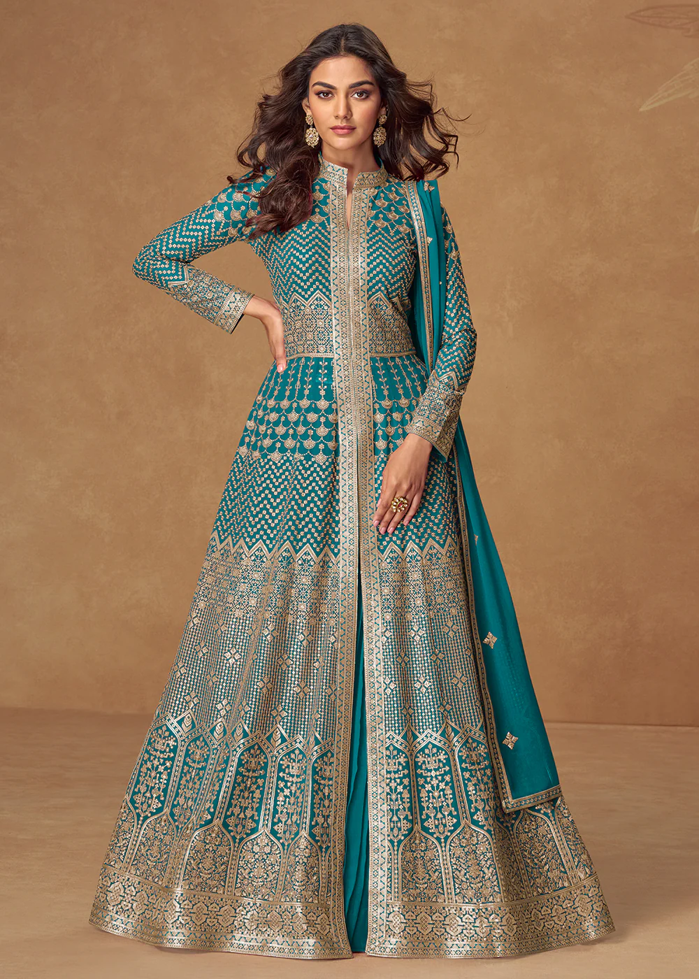 Turquoise Front & Back Embroidered Slit Skirt Anarkali Suit