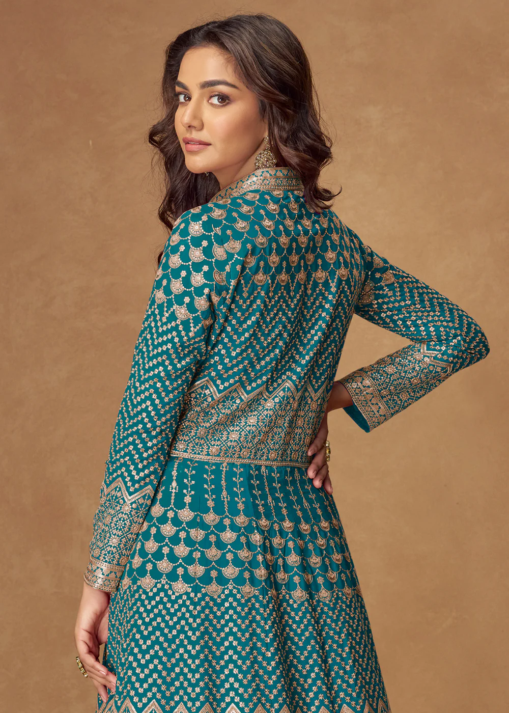 Turquoise Front & Back Embroidered Slit Skirt Anarkali Suit - Image 3
