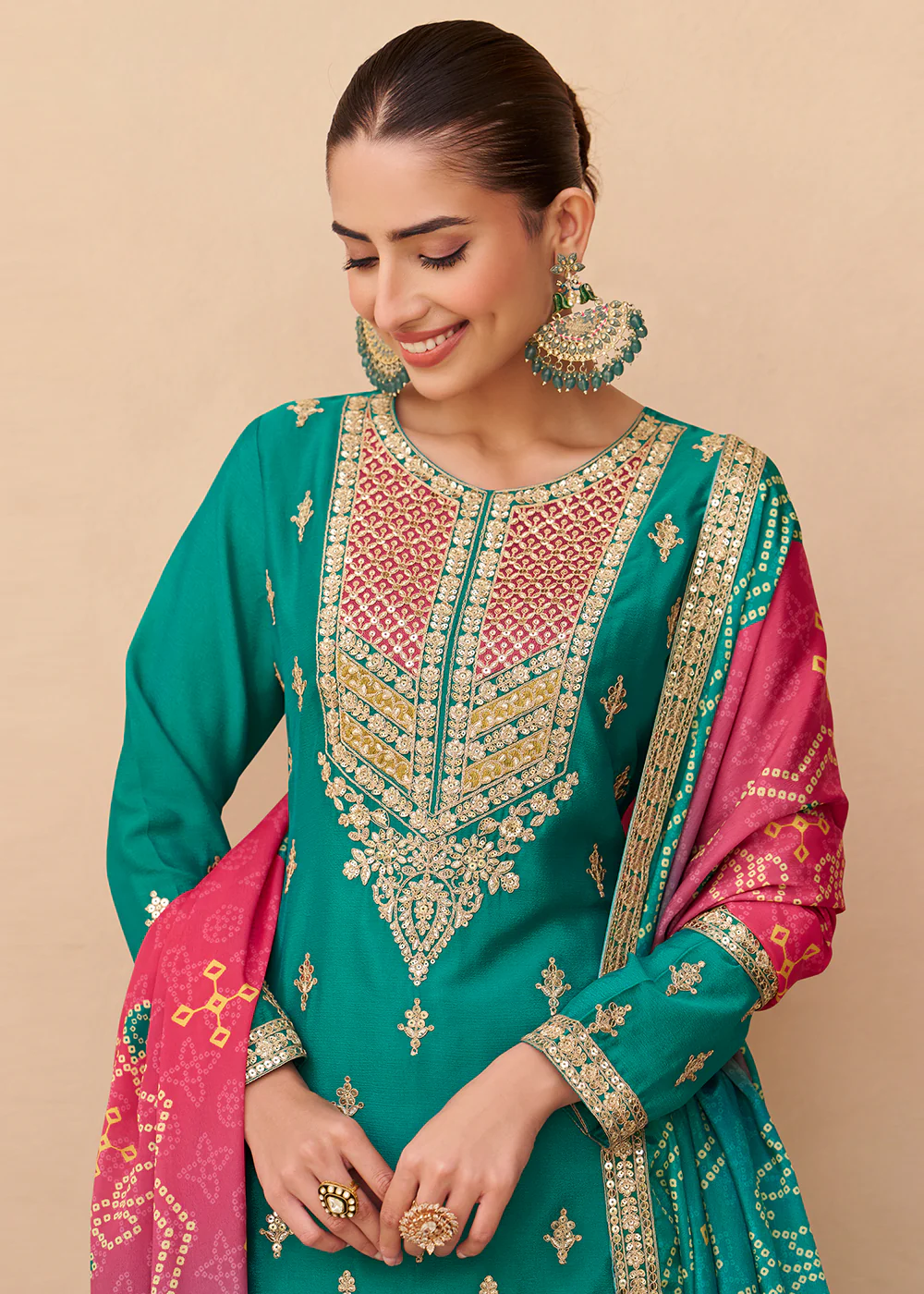 Turquoise Function & Festive Wear Palazzo Style Suit - Image 2
