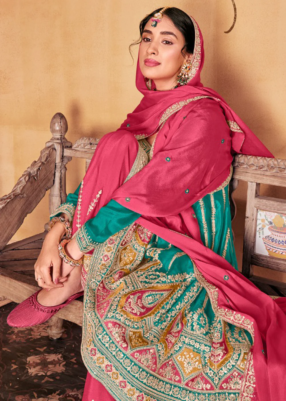 Turquoise Heavy Chinnon Embroidered Palazzo Style Suit - Image 3