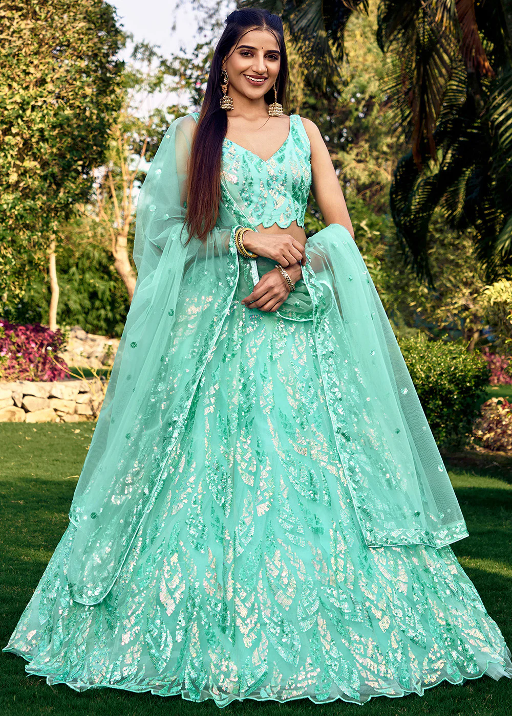 Turquoise Multi Sequins & Thread Wedding Lehenga Choli