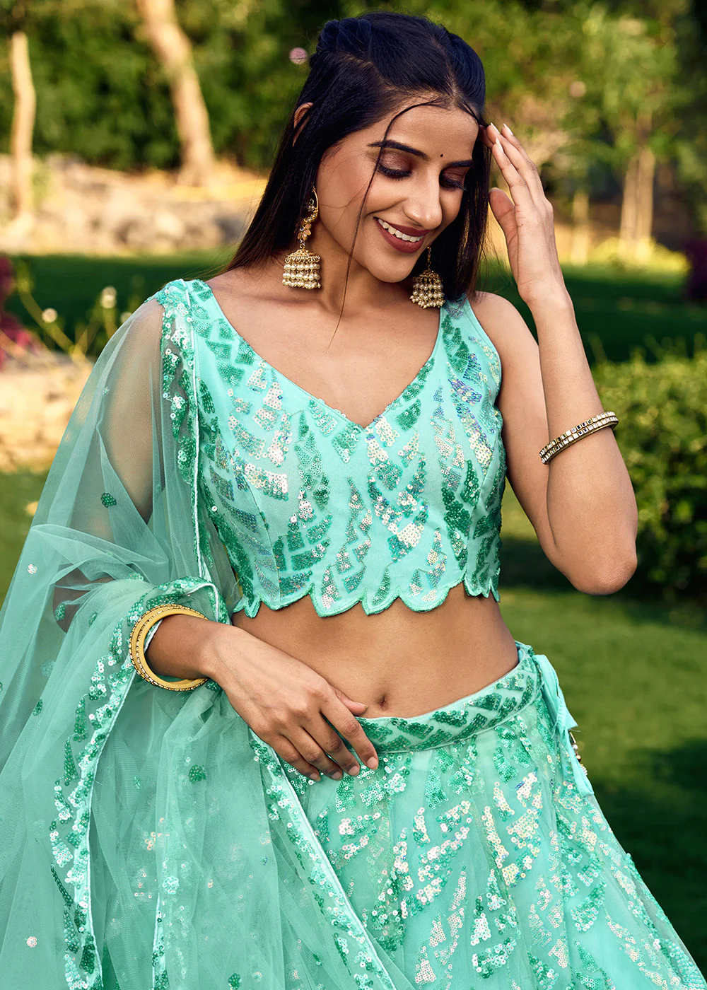 Turquoise Multi Sequins & Thread Wedding Lehenga Choli - Image 2