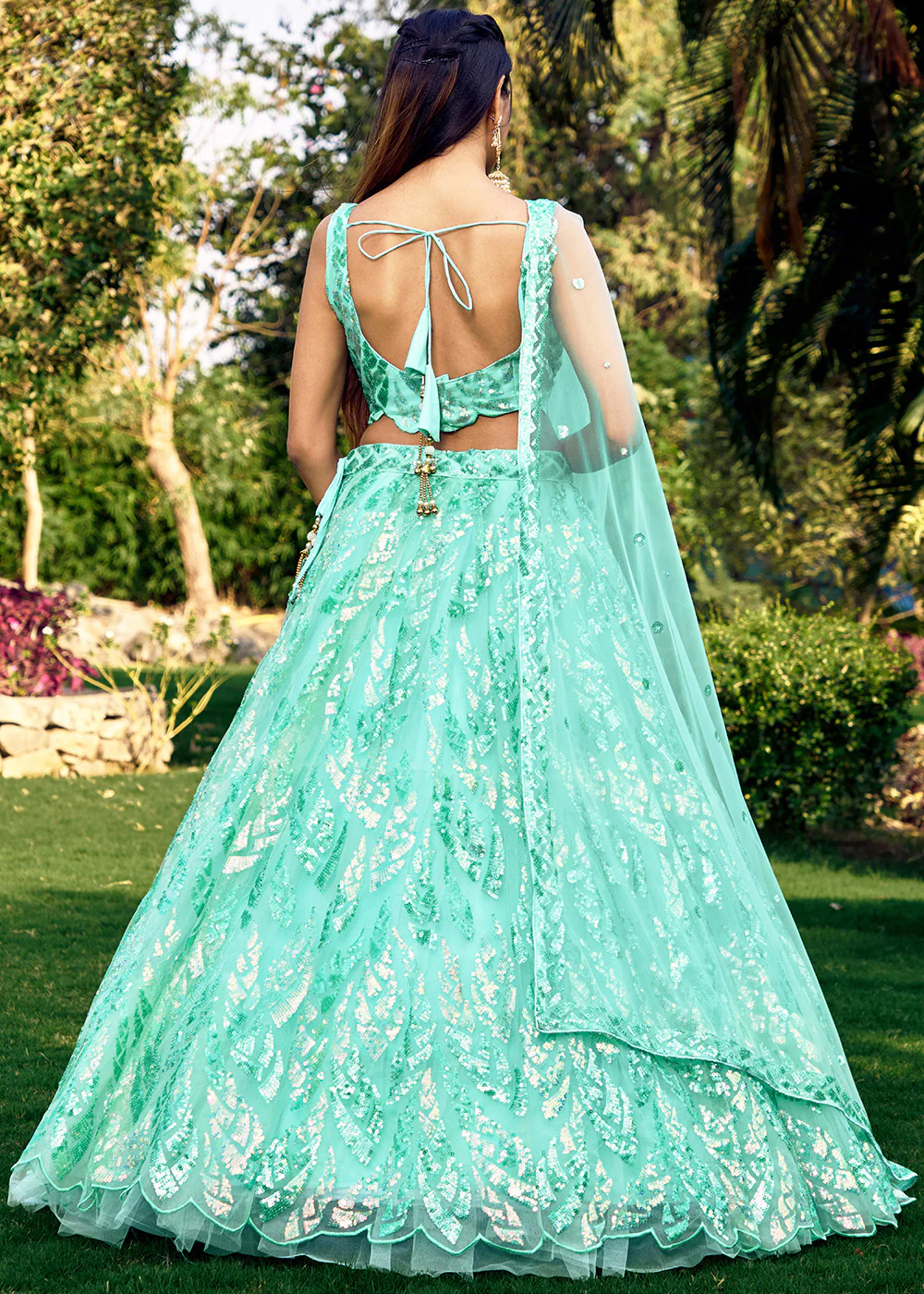 Turquoise Multi Sequins & Thread Wedding Lehenga Choli - Image 3