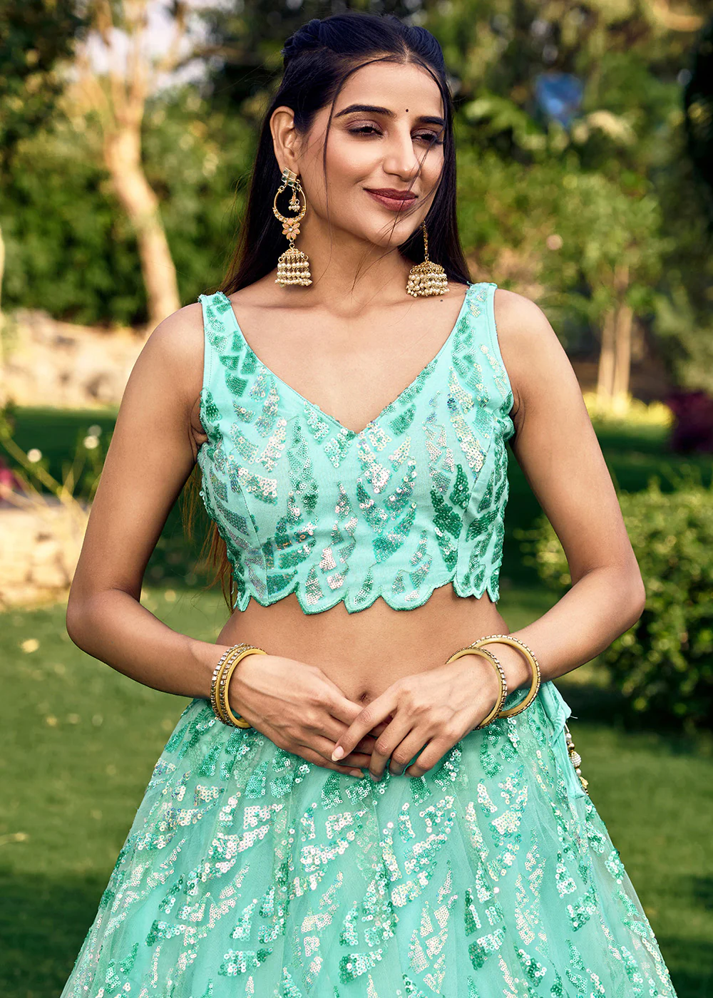 Turquoise Multi Sequins & Thread Wedding Lehenga Choli - Image 4