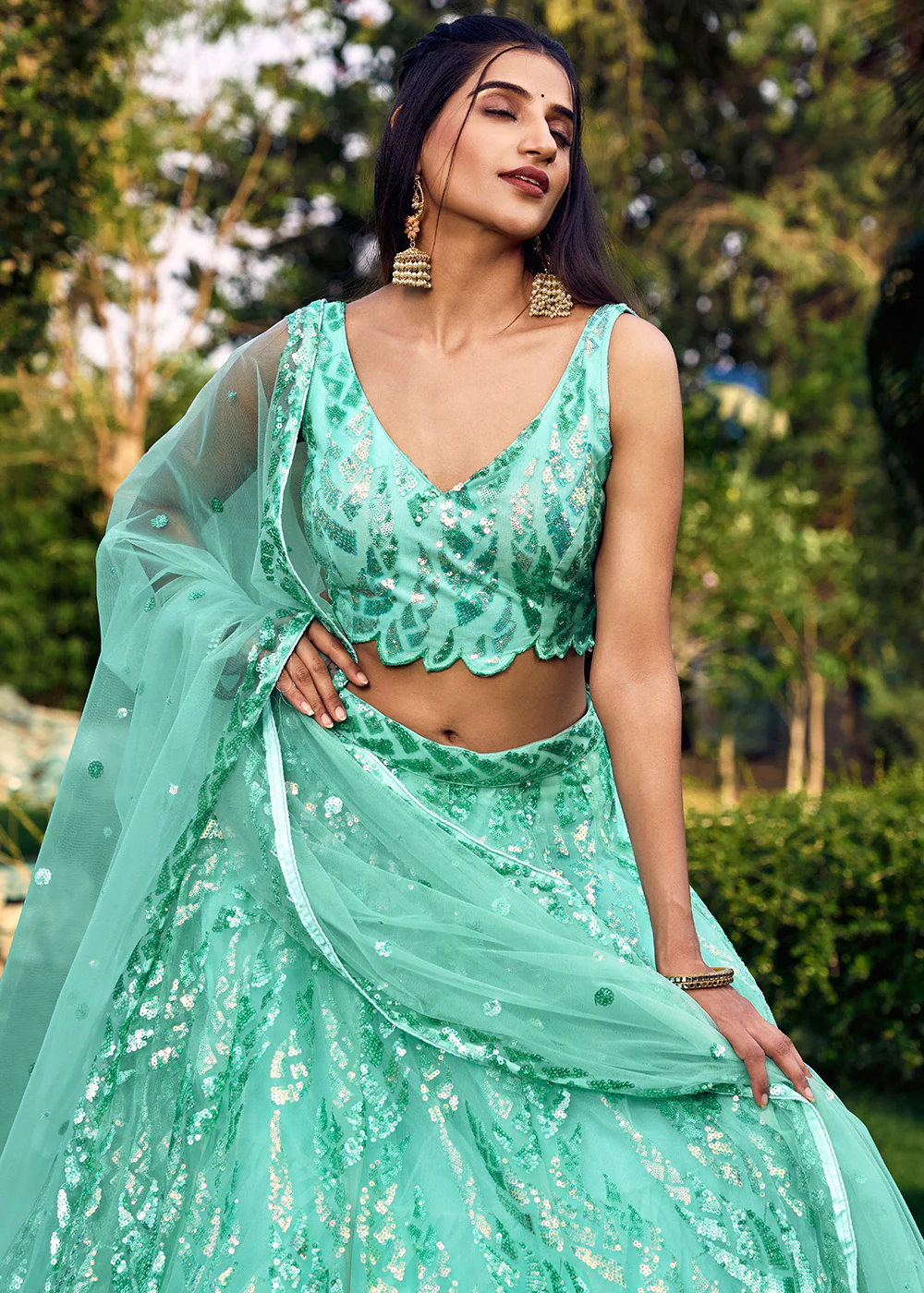 Turquoise Multi Sequins & Thread Wedding Lehenga Choli - Image 5