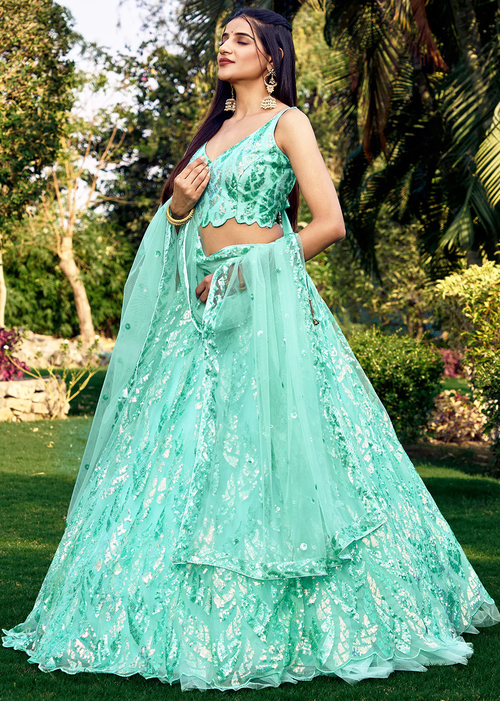 Turquoise Multi Sequins & Thread Wedding Lehenga Choli - Image 6
