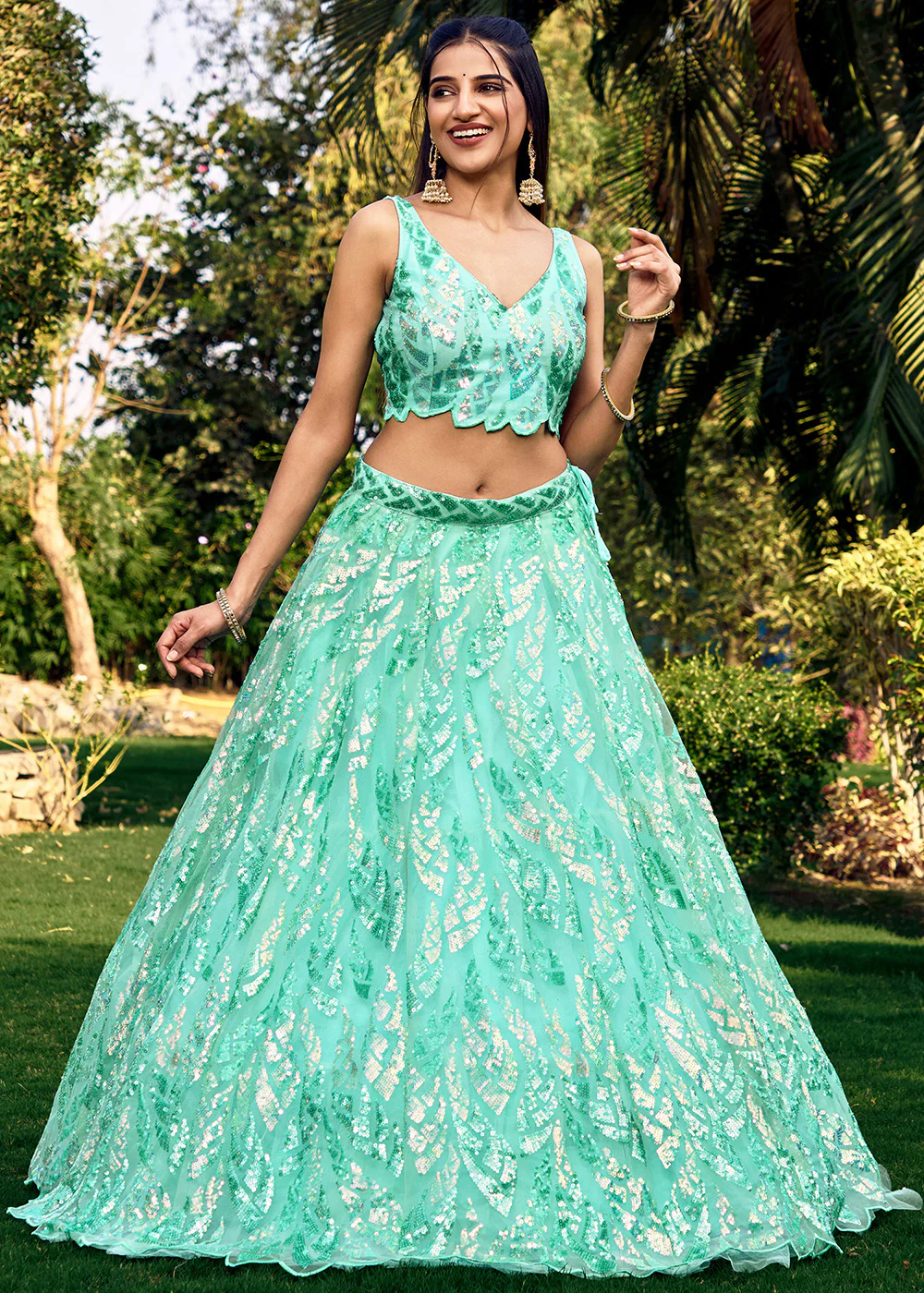 Turquoise Multi Sequins & Thread Wedding Lehenga Choli - Image 7