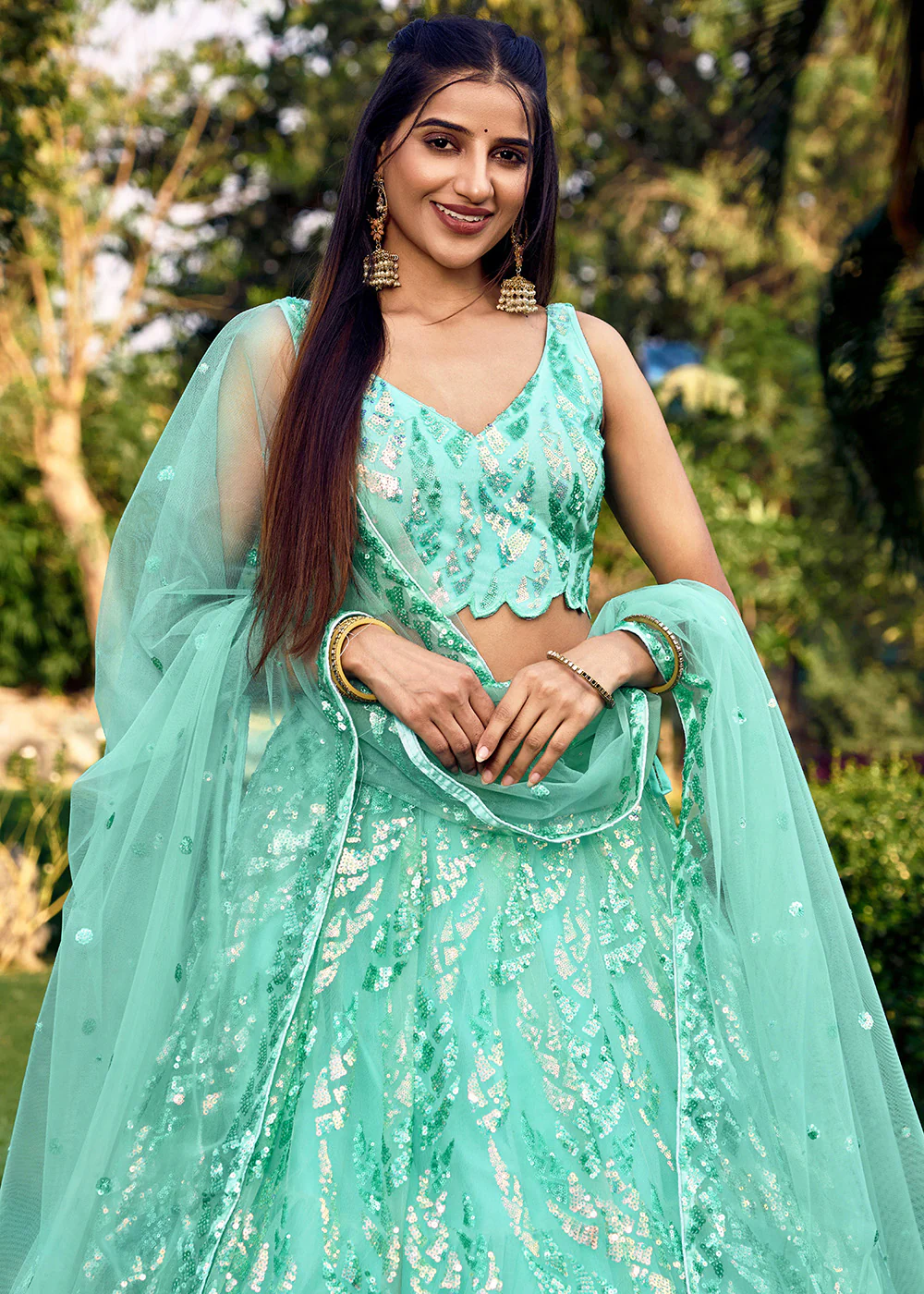 Turquoise Multi Sequins & Thread Wedding Lehenga Choli - Image 8