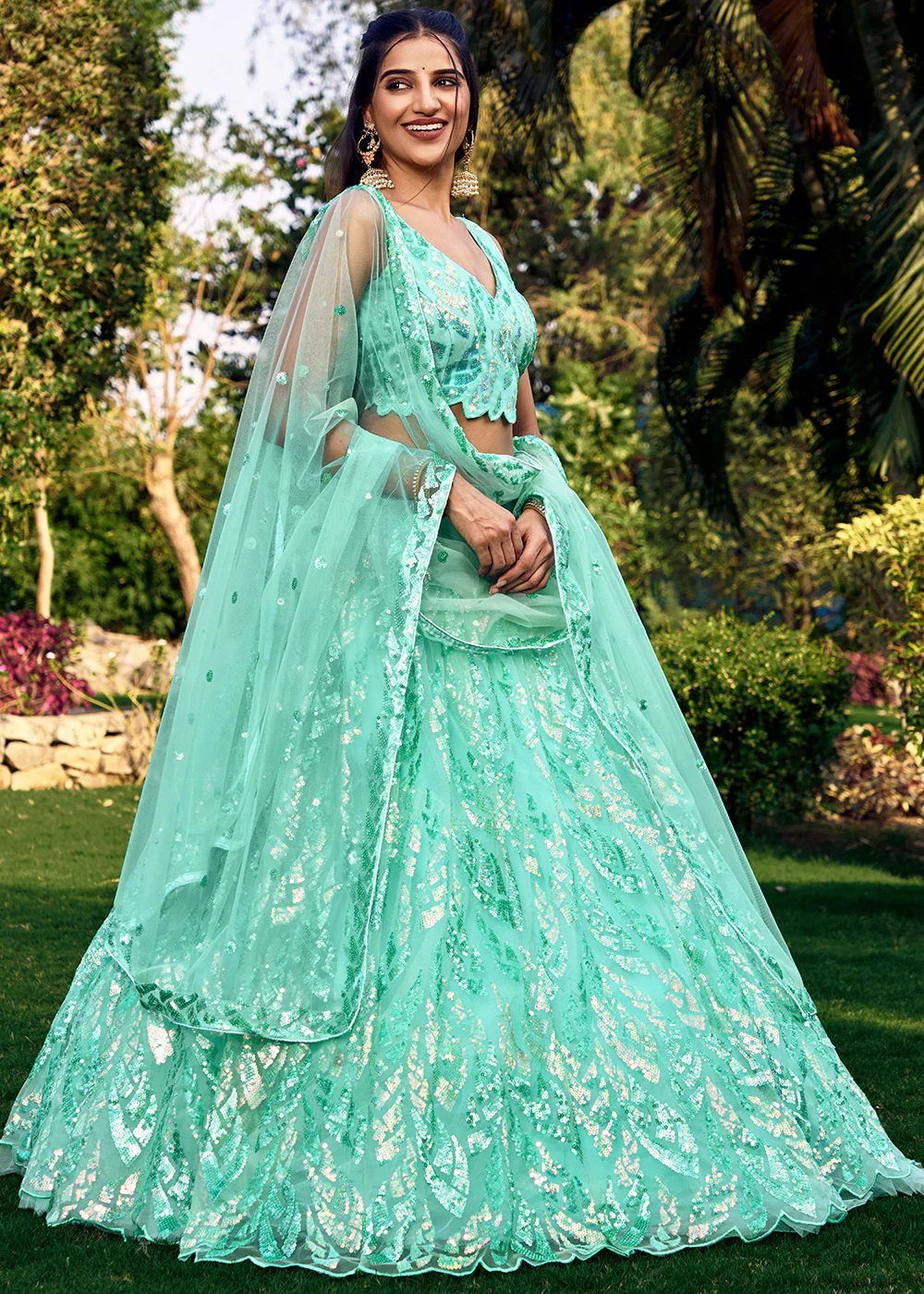 Turquoise Multi Sequins & Thread Wedding Lehenga Choli - Image 9