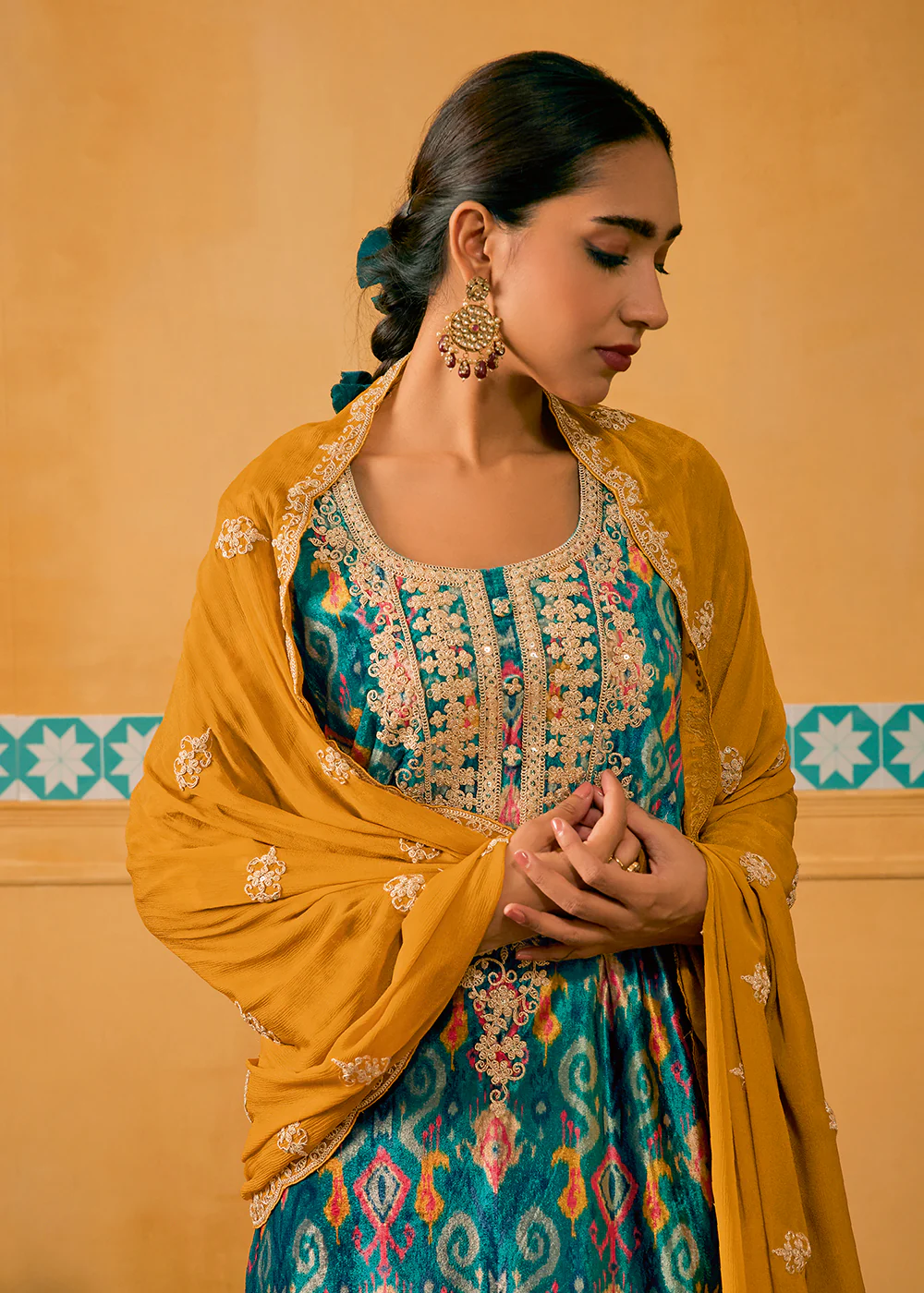 Turquoise Multicolor Digital Printed Embroidered Velvet Salwar Suit - Image 2