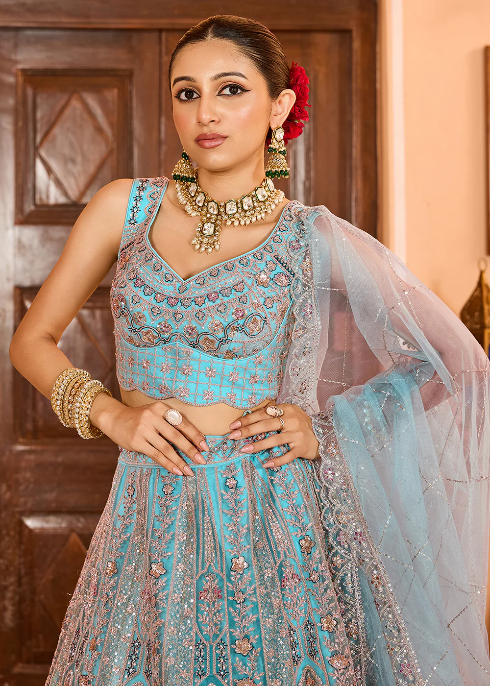 Turquoise Premium Quality Net Wedding Festive Lehenga Choli - Image 2