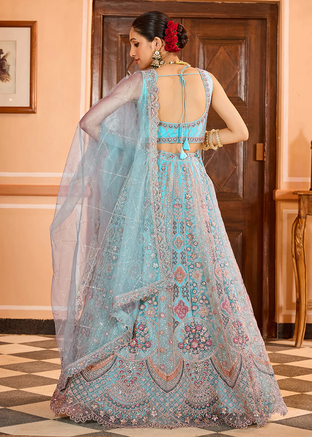 Turquoise Premium Quality Net Wedding Festive Lehenga Choli - Image 3