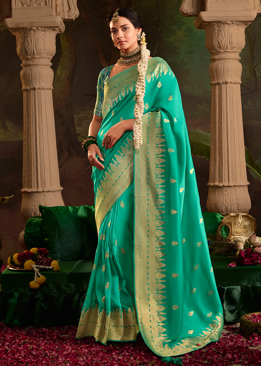 Turquoise Pure Crepe Dola Silk Wedding Festive Saree