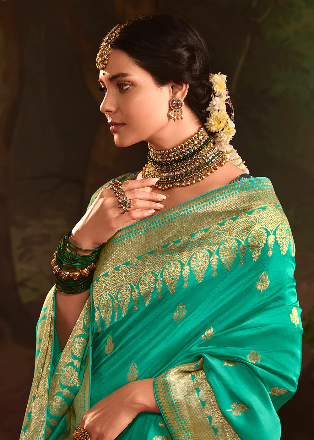 Turquoise Pure Crepe Dola Silk Wedding Festive Saree - Image 2
