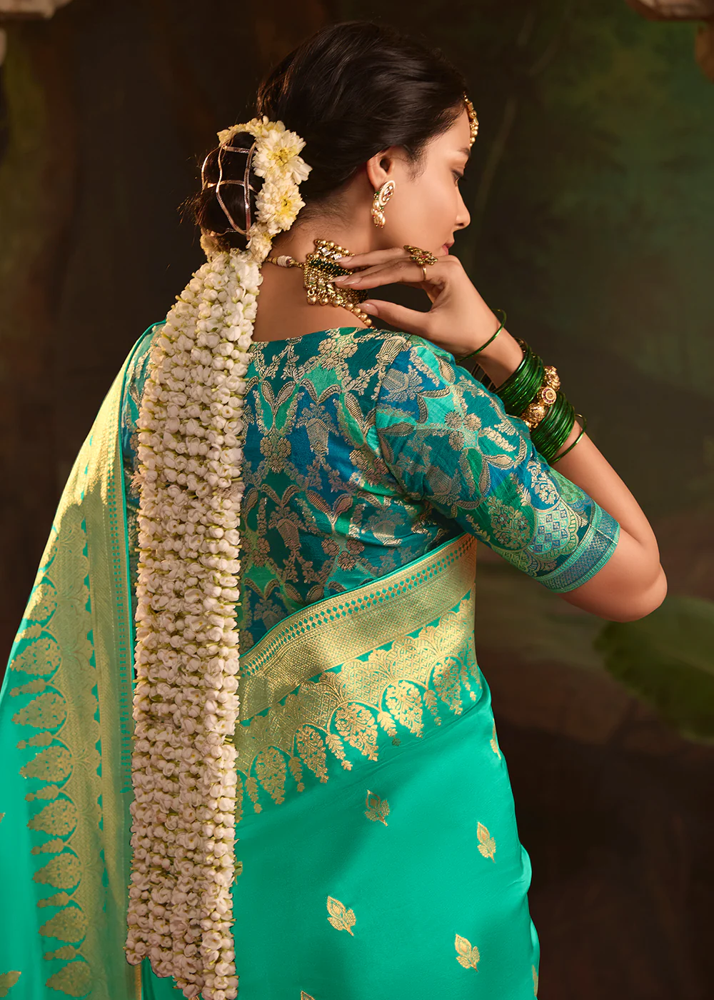 Turquoise Pure Crepe Dola Silk Wedding Festive Saree - Image 3