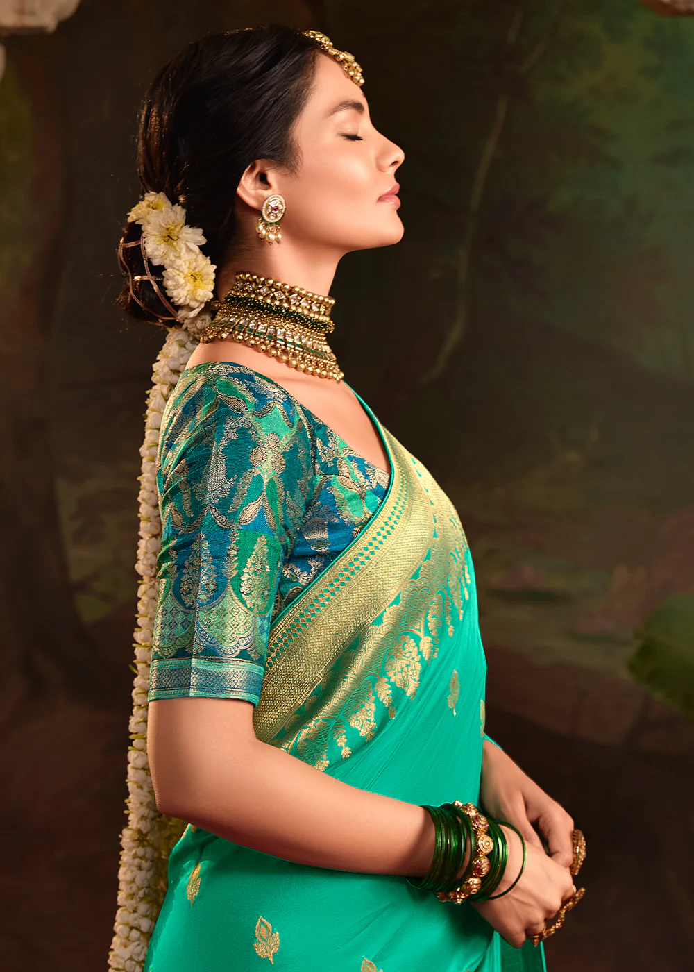 Turquoise Pure Crepe Dola Silk Wedding Festive Saree - Image 4