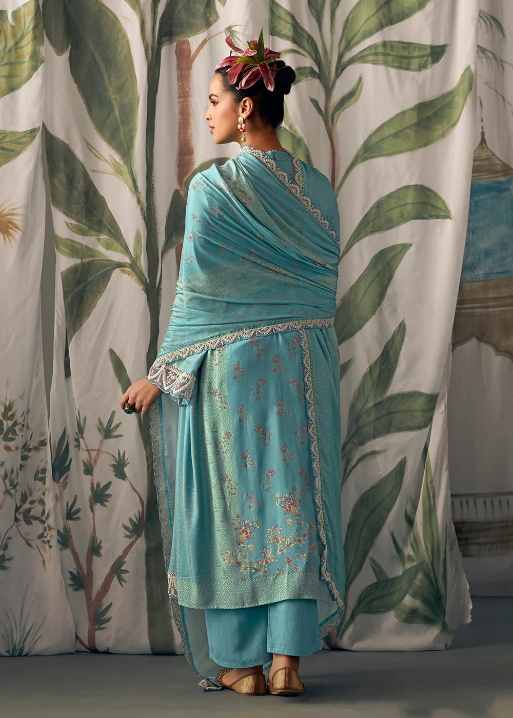 Turquoise Pure Maslin Cotton Digital Printed Salwar Suit - Image 3