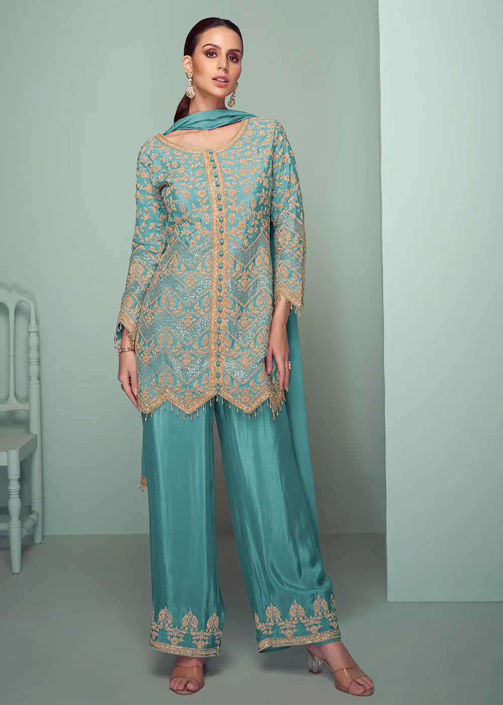 Turquoise Real Chinnon Embroidered Designer Palazzo Suit